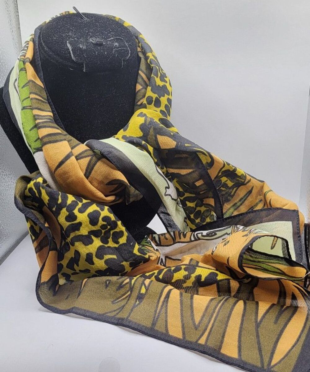 Vintage Cotton Scarf Cheetah Leopard Print Jungle Safari Motif Green Gold 52in - Picture 2 of 5